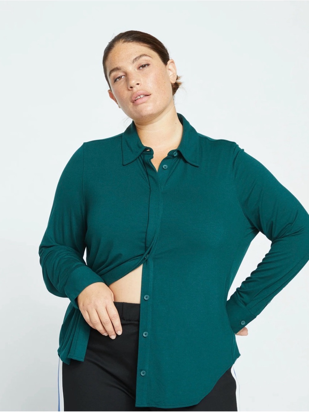 Universal Standard Elbe Liquid Jersey Shirt Forest Green Long Sleeve Buttons